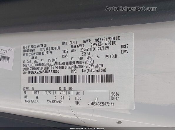 1FBZX2ZM5JKB52855 2018 FORD TRANSIT-350 White Вид підкапотного простору
