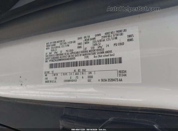 1FBZX2ZM5KKA03055 2019 FORD TRANSIT-350 Белый Вид подкапотного пространства