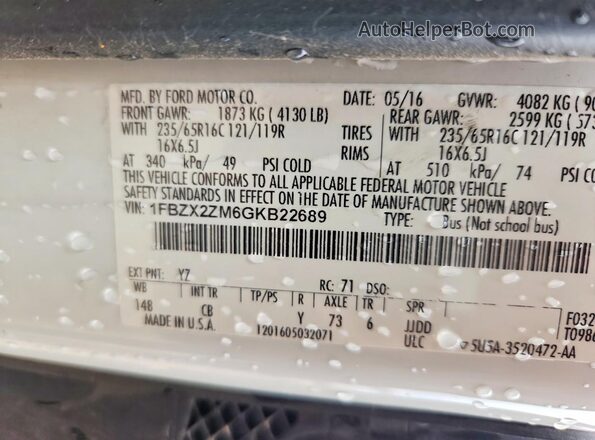 1FBZX2ZM6GKB22689 2016 FORD TRANSIT White Vista de la etiqueta del VIN