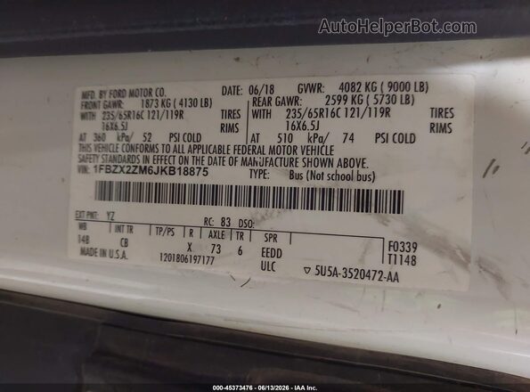 1FBZX2ZM6JKB18875 2018 FORD TRANSIT-350 White Widok komory silnika
