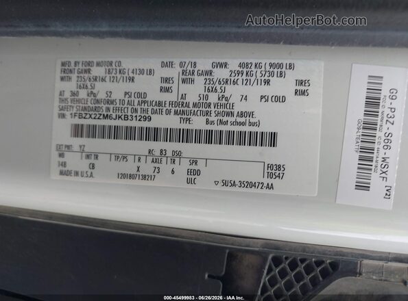 1FBZX2ZM6JKB31299 2018 FORD TRANSIT-350 White ძრავის განყოფილების ხედი