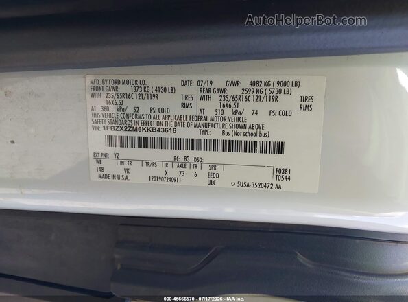 1FBZX2ZM6KKB43616 2019 FORD TRANSIT-350 White Widok komory silnika