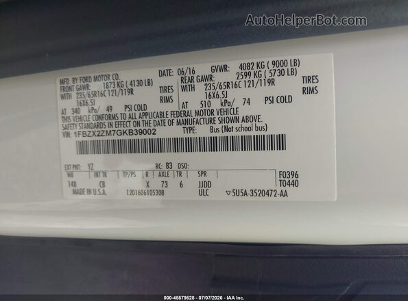 1FBZX2ZM7GKB39002 2016 FORD TRANSIT-350 White Շարժիչի բաժամունքի տեսք