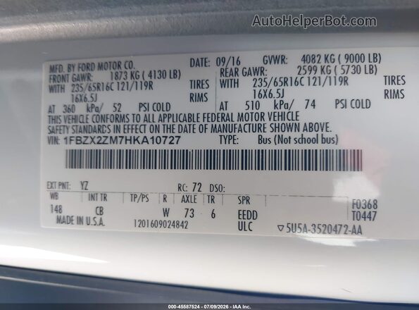 1FBZX2ZM7HKA10727 2017 FORD TRANSIT-350 White Vista del compartimento del motor