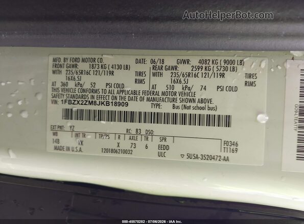 1FBZX2ZM8JKB18909 2018 FORD TRANSIT-350 White Widok komory silnika