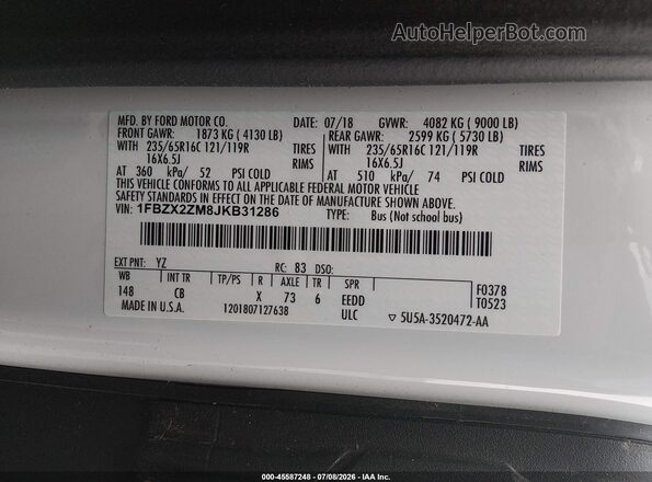 1FBZX2ZM8JKB31286 2018 FORD TRANSIT-350 White Вид підкапотного простору