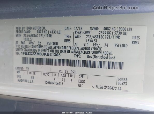 1FBZX2ZM8JKB31305 2018 FORD TRANSIT-350 White Vista del compartimento del motor