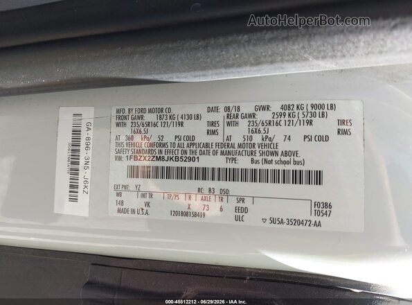 1FBZX2ZM8JKB52901 2018 FORD TRANSIT-350 White Շարժիչի բաժամունքի տեսք