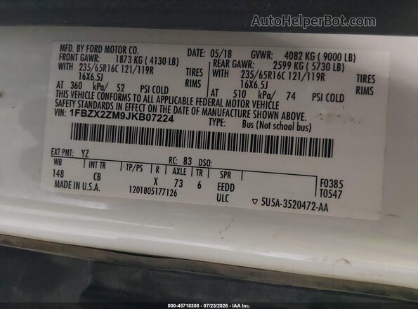 1FBZX2ZM9JKB07224 2018 FORD TRANSIT-350 White Widok komory silnika