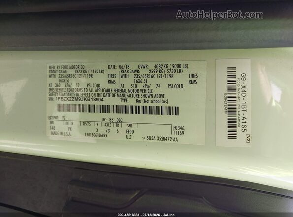 1FBZX2ZM9JKB18904 2018 FORD TRANSIT-350 White Engine compartment view