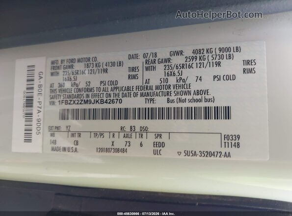 1FBZX2ZM9JKB42670 2018 FORD TRANSIT-350 Белый Вид подкапотного пространства