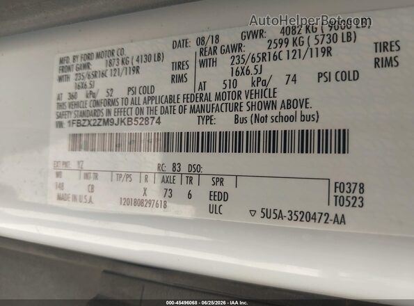 1FBZX2ZM9JKB52874 2018 FORD TRANSIT-350 Белый Вид подкапотного пространства