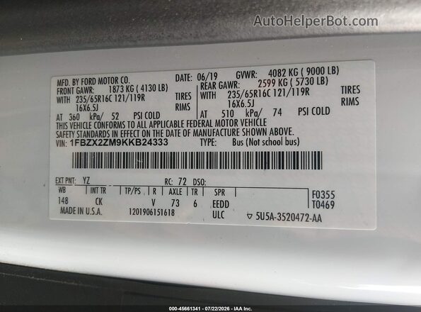 1FBZX2ZM9KKB24333 2019 FORD TRANSIT-350 White Vista del compartimento del motor