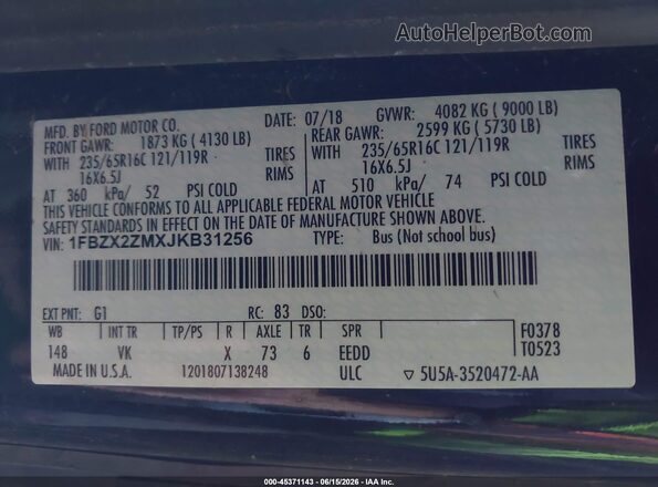 1FBZX2ZMXJKB31256 2018 FORD TRANSIT-350 Черный Вид подкапотного пространства