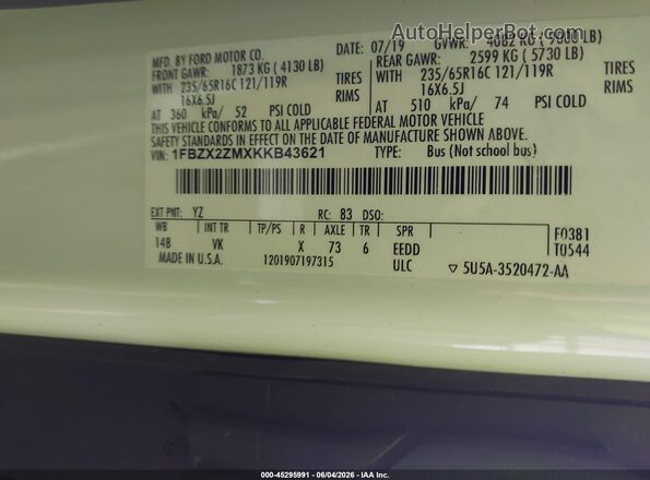 1FBZX2ZMXKKB43621 2019 FORD TRANSIT-350 White Vista del compartimento del motor