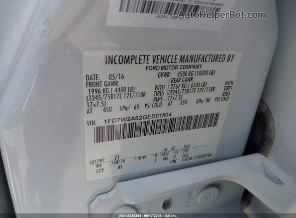 1FD7W2A62GED01504 2016 FORD F-250 White Vista del compartimento del motor
