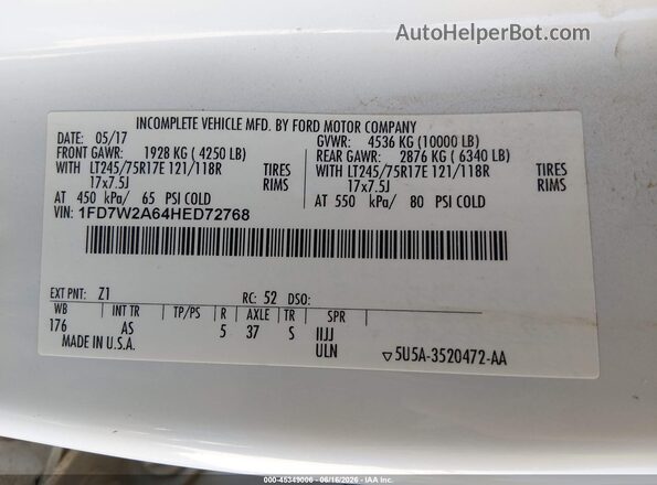 1FD7W2A64HED72768 2017 FORD F-250 White Vista del compartimento del motor
