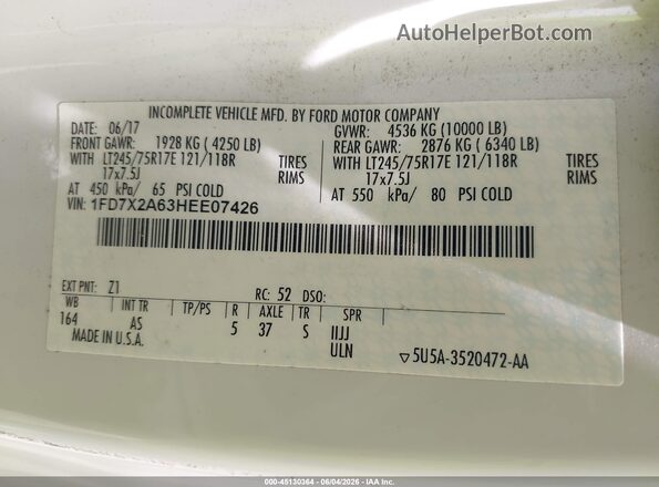 1FD7X2A63HEE07426 2017 FORD F-250 Белый Вид подкапотного пространства