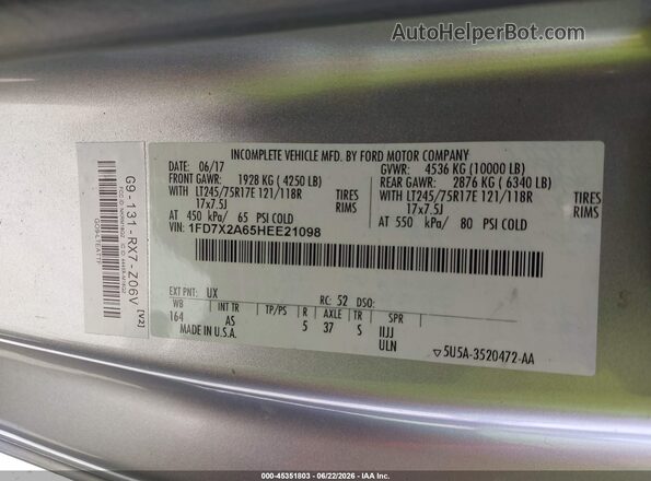 1FD7X2A65HEE21098 2017 FORD F-250 White Вид підкапотного простору