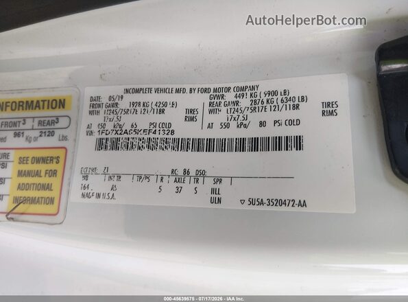 1FD7X2A65KEF41328 2019 FORD F-250 White უკანა მარჯვენა