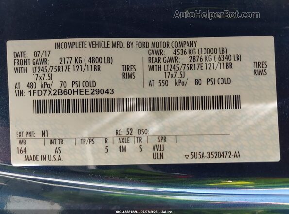 1FD7X2B60HEE29043 2017 FORD F-250 Dark Blue Vista del compartimento del motor