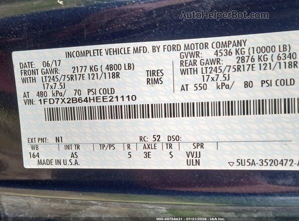 1FD7X2B64HEE21110 2017 FORD F-250 Blue Widok tylnych siedzeń