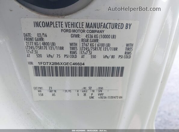 1FD7X2B6XGEC46604 2016 FORD F-250 White Շարժիչի բաժամունքի տեսք