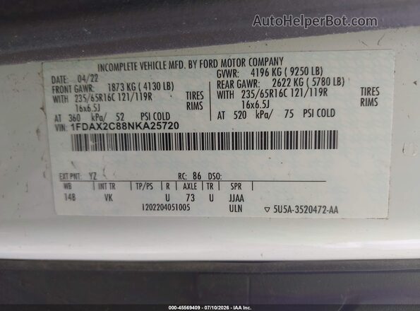 1FDAX2C88NKA25720 2022 FORD TRANSIT-350 White Engine compartment view