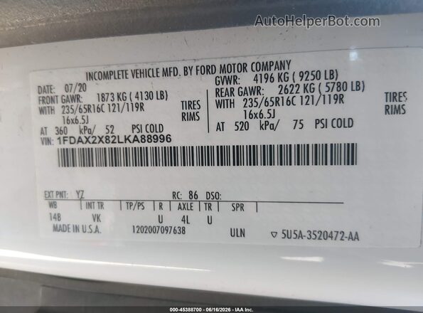 1FDAX2X82LKA88996 2020 FORD TRANSIT-350 White Vista del compartimento del motor