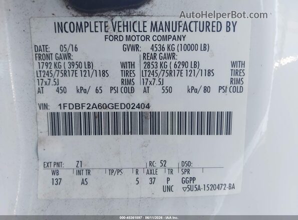 1FDBF2A60GED02404 2016 FORD F-250 Белый Вид подкапотного пространства