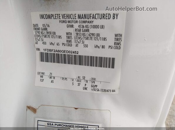 1FDBF2A60GED02452 2016 FORD F-250 White Widok komory silnika