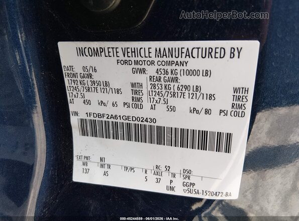 1FDBF2A61GED02430 2016 FORD F-250 Blue Vista del compartimento del motor
