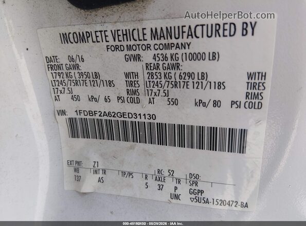 1FDBF2A62GED31130 2016 FORD F-250 White Շարժիչի բաժամունքի տեսք