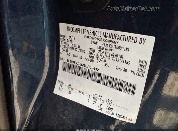 1FDBF2A65GED02432 2016 FORD F-250 Blue Вид підкапотного простору