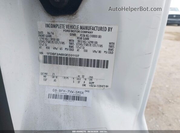 1FDBF2A65GED31137 2016 FORD F-250 White Вид підкапотного простору