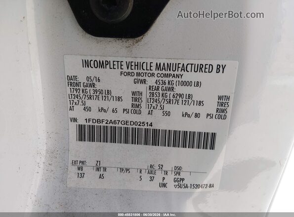 1FDBF2A67GED02514 2016 FORD F-250 Белый Вид подкапотного пространства