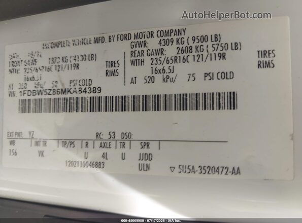 1FDBW5Z86MKA84389 2021 FORD TRANSIT-350 White Engine compartment view