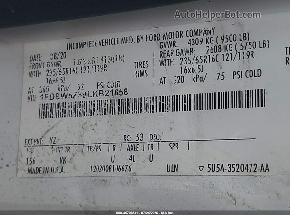 1FDBW5Z89LKB21658 2020 FORD TRANSIT-350 White Widok komory silnika