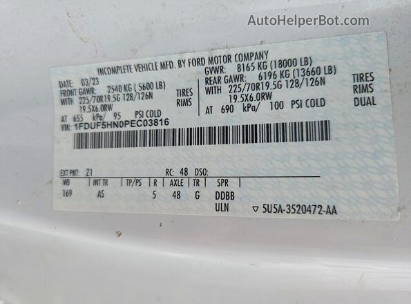 1FDUF5HN0PEC03816 2023 FORD F550 White VIN კოდის სტიკერის ხედი