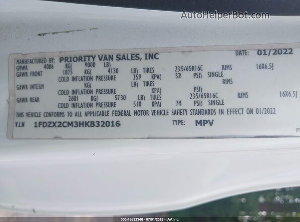 1FDZX2CM3HKB32016 2017 FORD TRANSIT-350 White Engine compartment view