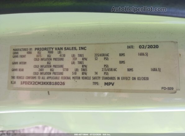 1FDZX2CM3KKB18026 2019 FORD TRANSIT-350 White Вид підкапотного простору