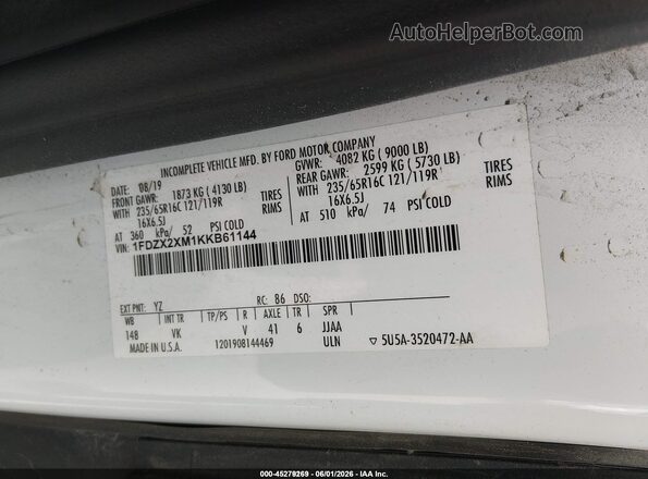 1FDZX2XM1KKB61144 2019 FORD TRANSIT-350 White Շարժիչի բաժամունքի տեսք