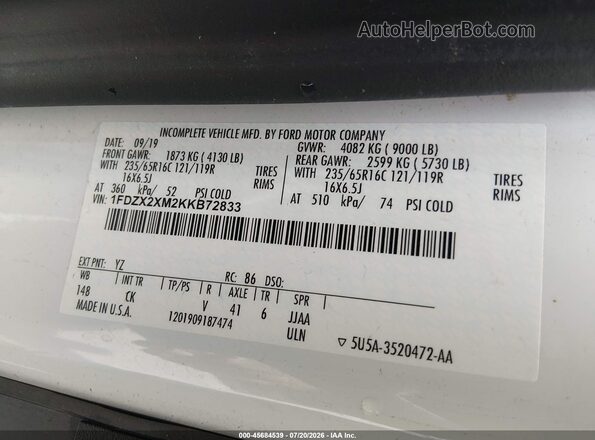 1FDZX2XM2KKB72833 2019 FORD TRANSIT-350 White Vista del compartimento del motor