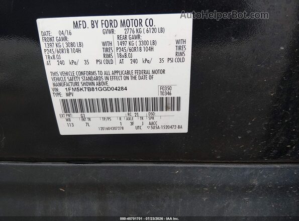 1FM5K7B81GGD04284 2016 FORD EXPLORER Black Շարժիչի բաժամունքի տեսք