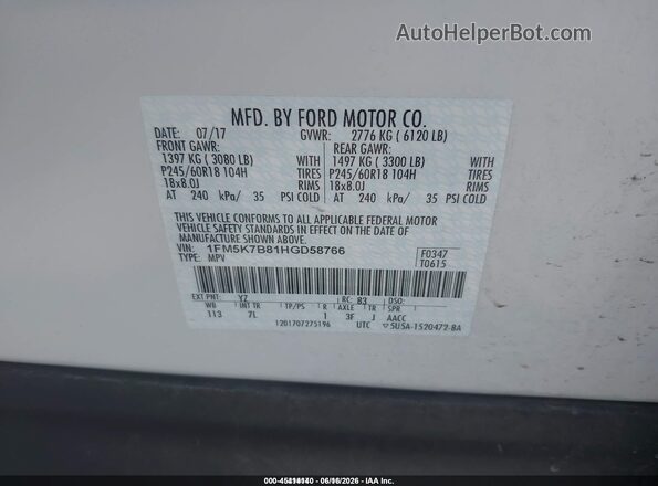 1FM5K7B81HGD58766 2017 FORD EXPLORER White Engine compartment view