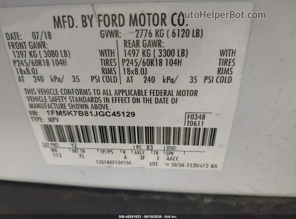 1FM5K7B81JGC45129 2018 FORD EXPLORER White Vista del compartimento del motor