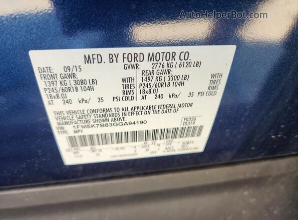 1FM5K7B83GGA94190 2016 FORD EXPLORER Blue Widok naklejki z numerem VIN