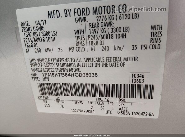 1FM5K7B84HGD08038 2017 FORD EXPLORER Silver Widok komory silnika