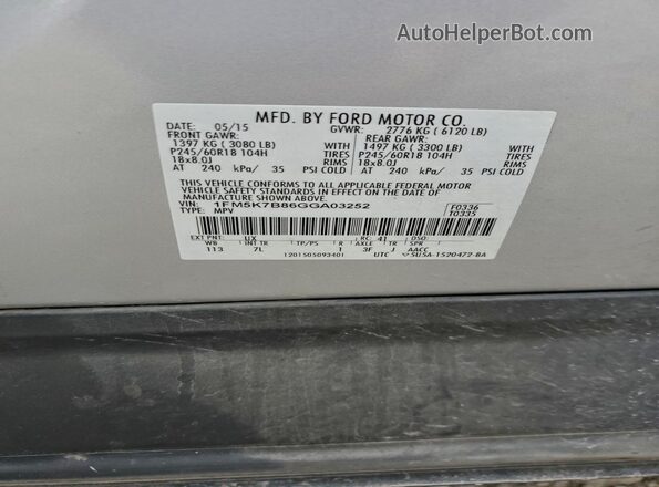 1FM5K7B86GGA03252 2016 FORD EXPLORER Silver VIN կոդի պիտակի տեսք