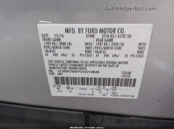 1FM5K7B87GGD14849 2016 FORD EXPLORER Серебряный Вид подкапотного пространства